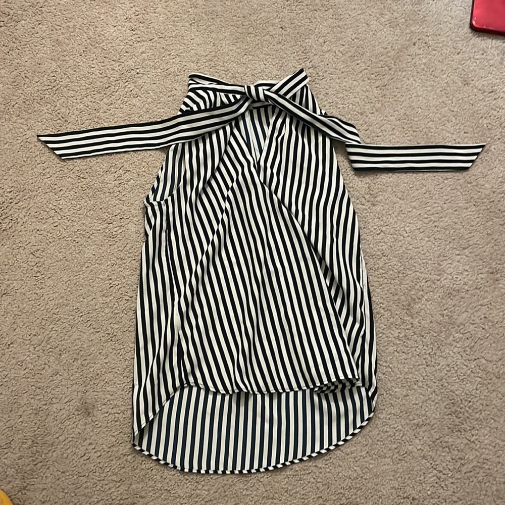 Navy and White Striped Tie-Neck Blouse
